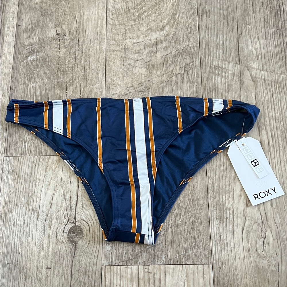 NWT Roxy Navy Striped Moderate Coverage Bikini Bottom.